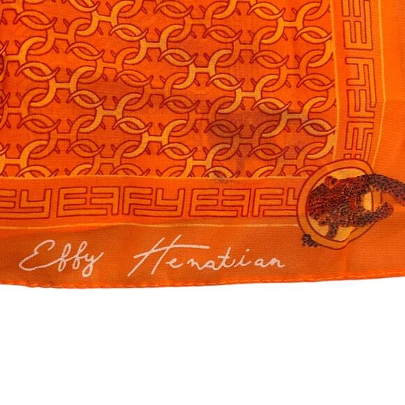 Effy Hematian Silk Scarf with Panther and Geometric Print Orange Rectangle 58x17 - Picture 2 of 9